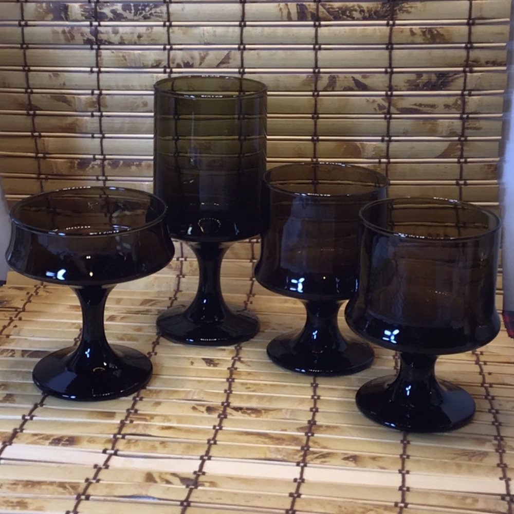 🍂 LIBBY ‘Impromptu’ 1970s Dark Smoky Brown Stemware 4 Piece Set